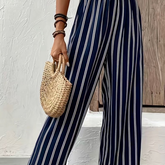 Pants - STRIPED WIDE LEG NAVY WHITE PANTS , PAPER BAG WAIST POCKET PANTS